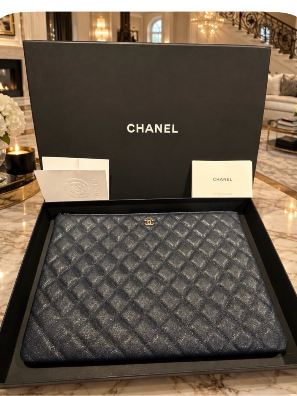 CHANEL Quilted Navy Caviar Leather Document Sleeve with Gold CC